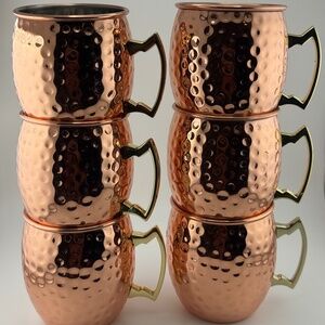 Set 6 Hammered Copper Moscow Mule Mugs Brass Handles 3.5" x 3.5" Barware Cups